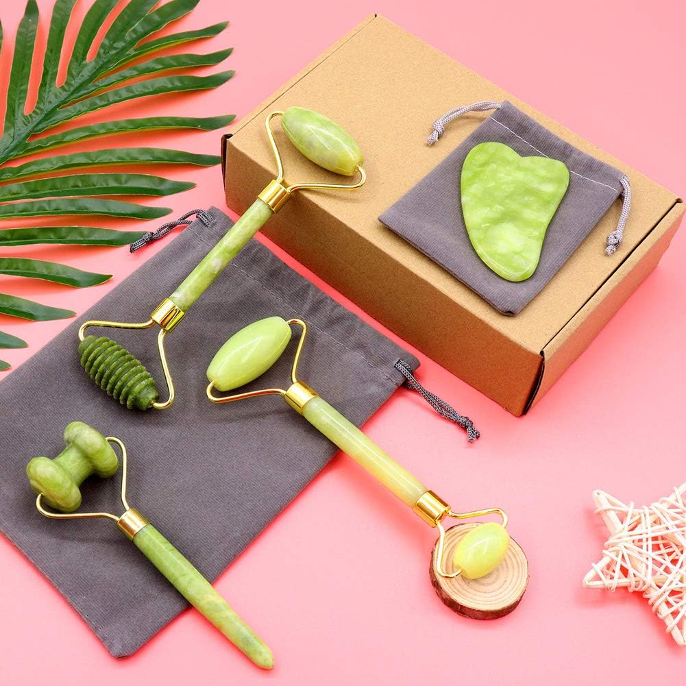 4-in-1 Jade Roller and Gua Sha Set with Eye Massager